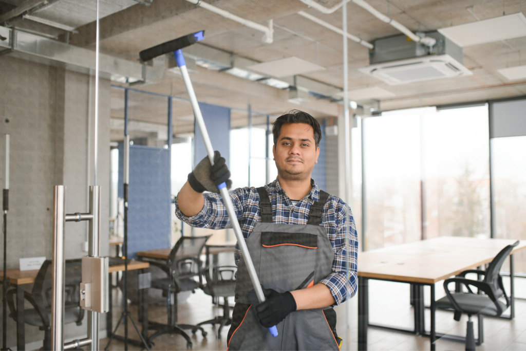 Image of man providing janitorial services in a professional environment.